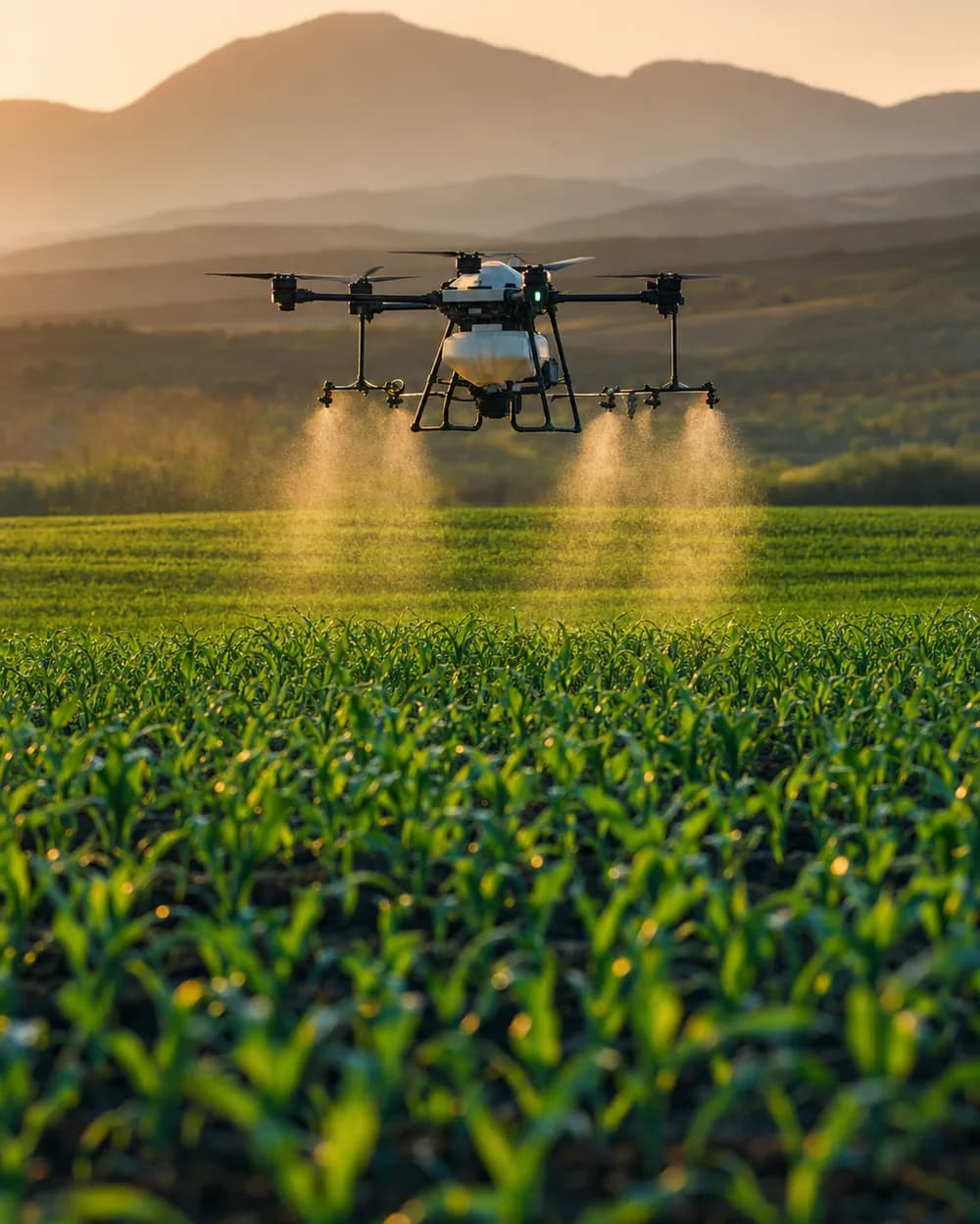 Tarla üzerinde zirai ilaçlama yapan tarım dronu